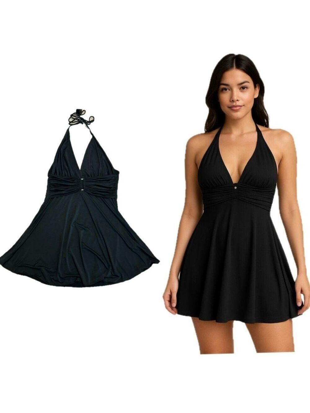 Belle Amie black spaghetti strap halter top flare skater circle mini dress Sz L